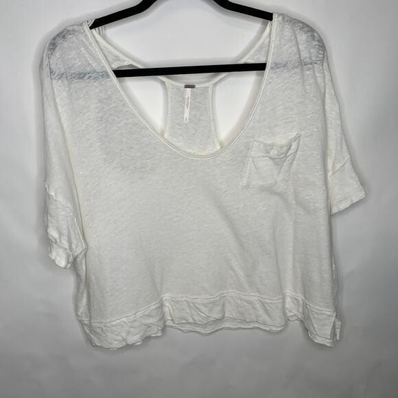 Free People Slouchy Cropped Oversized Linen Blend Cream Tee Shirt Sz Small - Picture 4 of 8